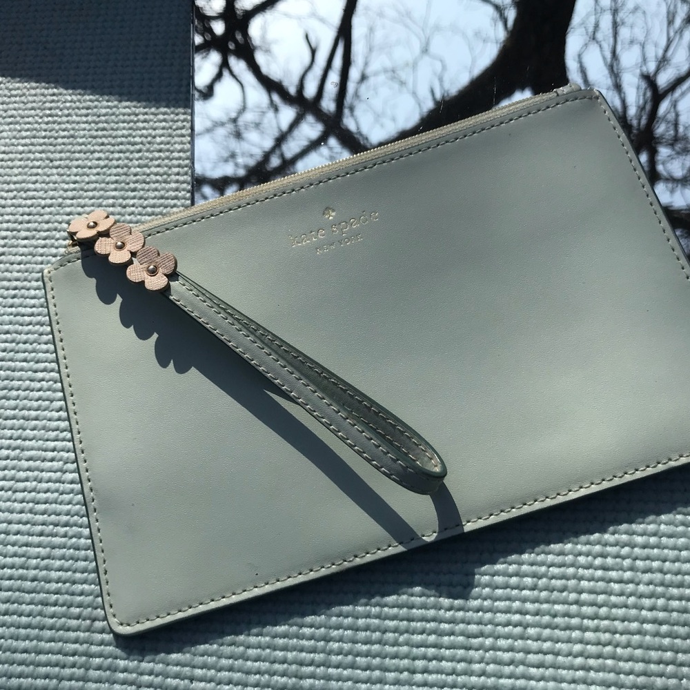 KATE SPADE Leather Eli Wristlet Floral Misty Mint